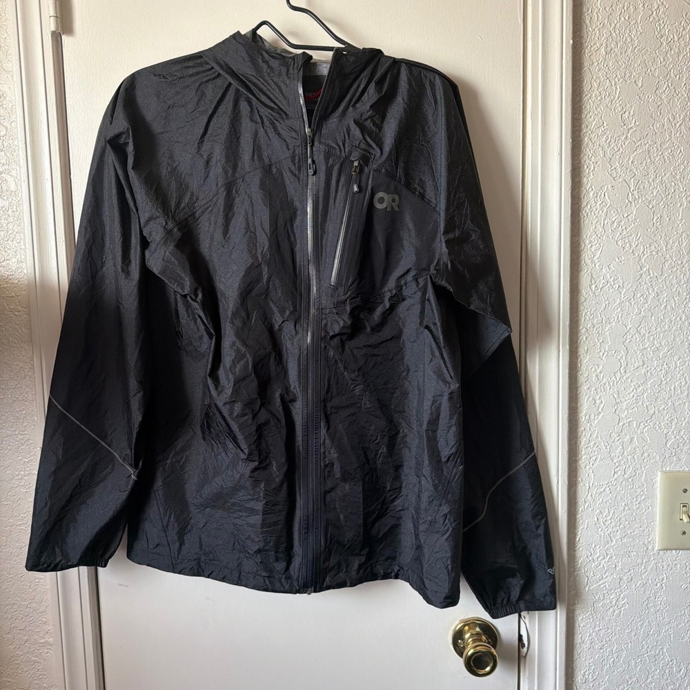 Outdoor Research Helium Rain Jacket Mens Medium Black Waterproof Hooded Shell
